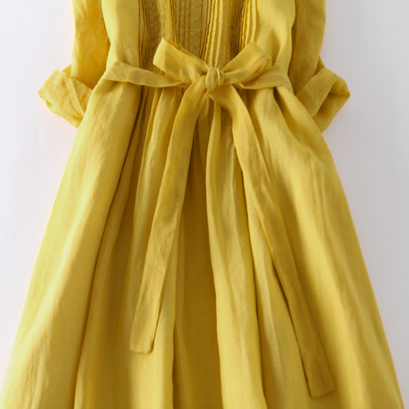 Buddha Stones Lässiges, schlichtes Midikleid mit Schnürung, Rundhalsausschnitt, halben Ärmeln und Taschen - image 12