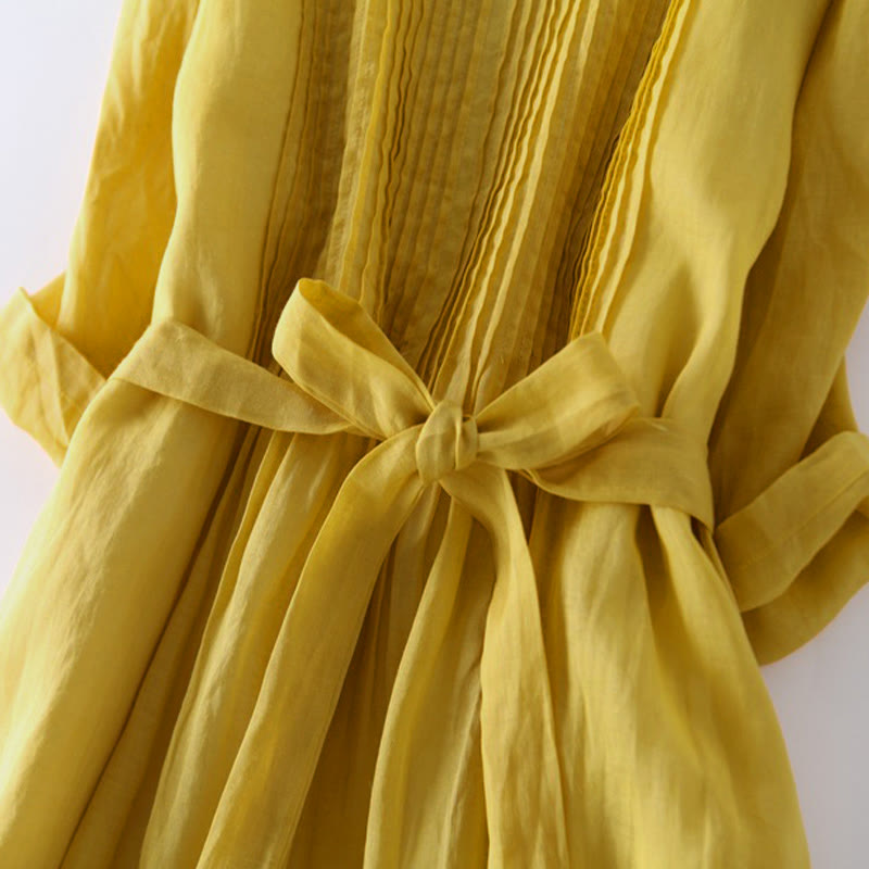 Buddha Stones Lässiges, schlichtes Midikleid mit Schnürung, Rundhalsausschnitt, halben Ärmeln und Taschen - image 8