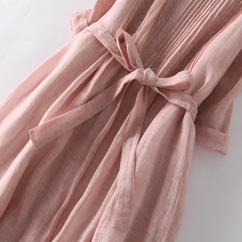 Buddha Stones Lässiges, schlichtes Midikleid mit Schnürung, Rundhalsausschnitt, halben Ärmeln und Taschen - image 2