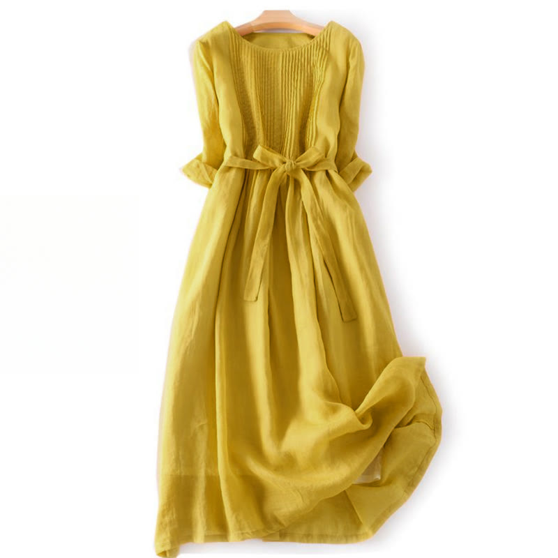 Buddha Stones Lässiges, schlichtes Midikleid mit Schnürung, Rundhalsausschnitt, halben Ärmeln und Taschen - Gold - US12, UK/AU16, EU44 (3XL) - image 5