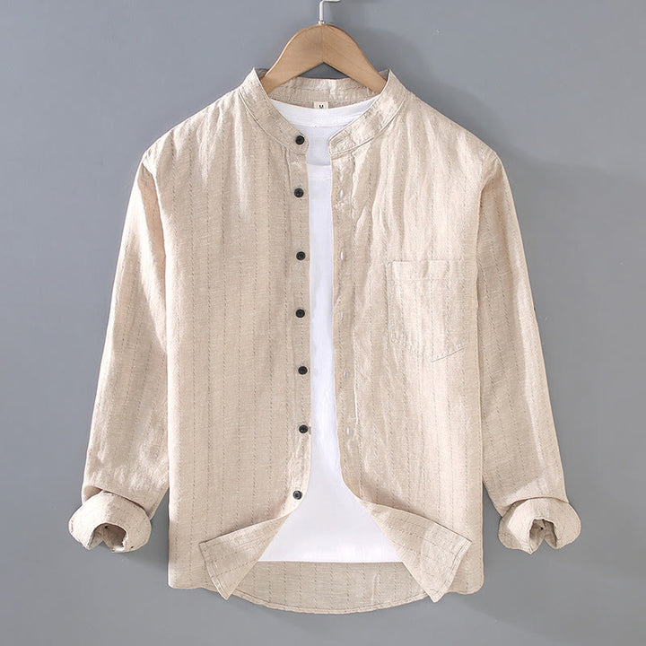 Buddha Stones Daily Tang Suit Herren-Langarmhemd aus Baumwolle und Leinen mit Streifenmuster - Beige - US/ UK/AU42，EU52 (3XL) - image 3