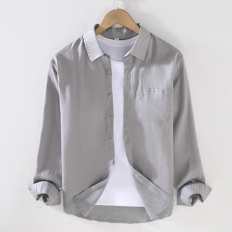 Buddha Stones Frühling Herren Casual Pure Color Leinen Langarmhemd mit Tasche - Silber - US/ UK/AU42，EU52 (3XL) - image 10