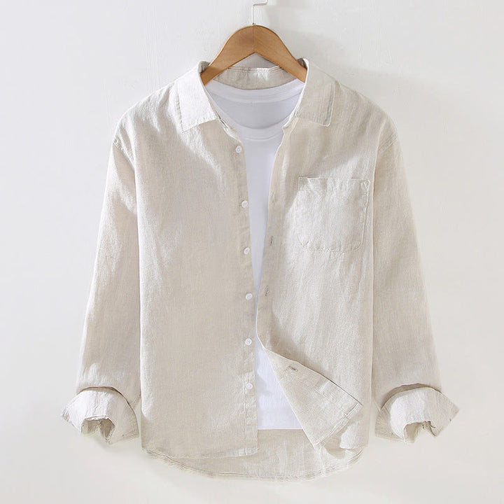Buddha Stones Frühling Herren Casual Pure Color Leinen Langarmhemd mit Tasche - Beige - US/ UK/AU42, EU52 (3XL) - image 0