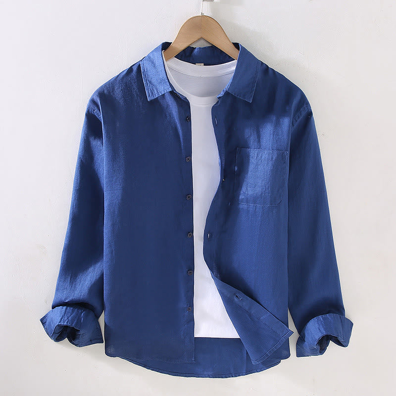 Buddha Stones Frühling Herren Casual Pure Color Leinen Langarmhemd mit Tasche - Mittelblau - US/ UK/AU42, EU52 (3XL) - image 12