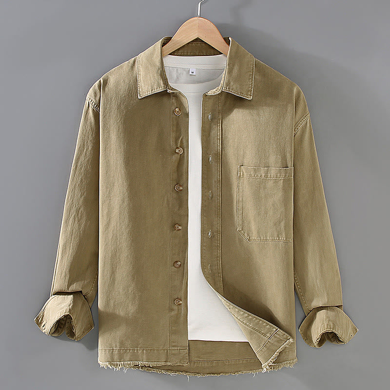 Buddha Stones Herren-Langarmhemd aus Baumwolle mit reinen Farben und Quasten am Saum und Tasche - Khaki - US/ UK/AU46, EU56 (3XL) - image 1