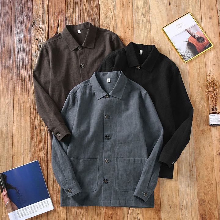 Buddha Stones Commute – Schlichte Herrenjacke aus Ramie-Leinen mit langen Ärmeln und Knopf-Revers-Design mit Taschen - image 12