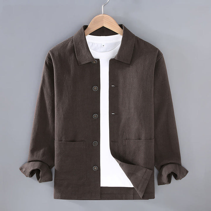 Buddha Stones Commute – Schlichte Herrenjacke aus Ramie-Leinen mit langen Ärmeln und Knopf-Revers-Design mit Taschen - Sattelbraun - US/ UK/AU42, EU52 (3XL) - image 0