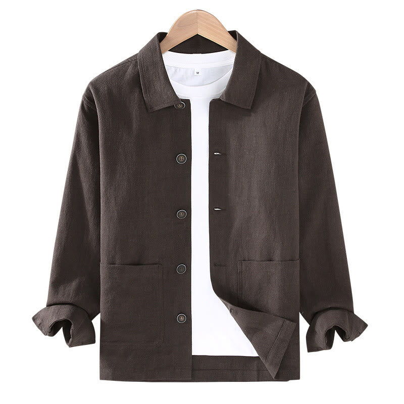 Buddha Stones Commute – Schlichte Herrenjacke aus Ramie-Leinen mit langen Ärmeln und Knopf-Revers-Design mit Taschen - image 3