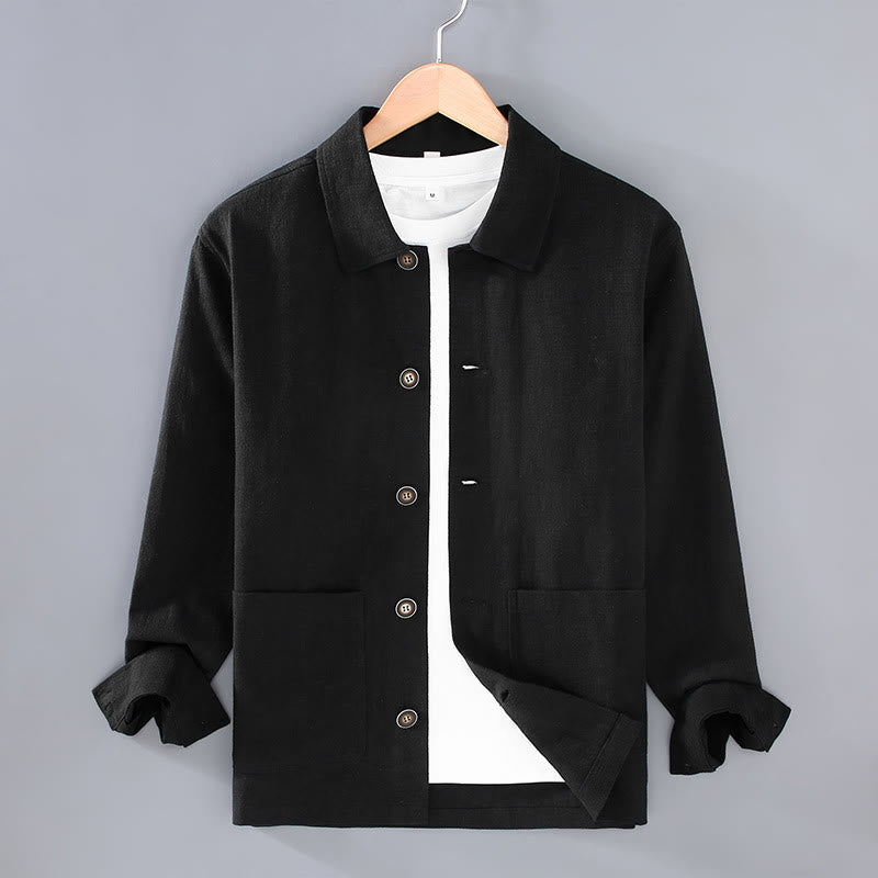 Buddha Stones Commute – Schlichte Herrenjacke aus Ramie-Leinen mit langen Ärmeln und Knopf-Revers-Design mit Taschen - Schwarz - US/ UK/AU42, EU52 (3XL) - image 11