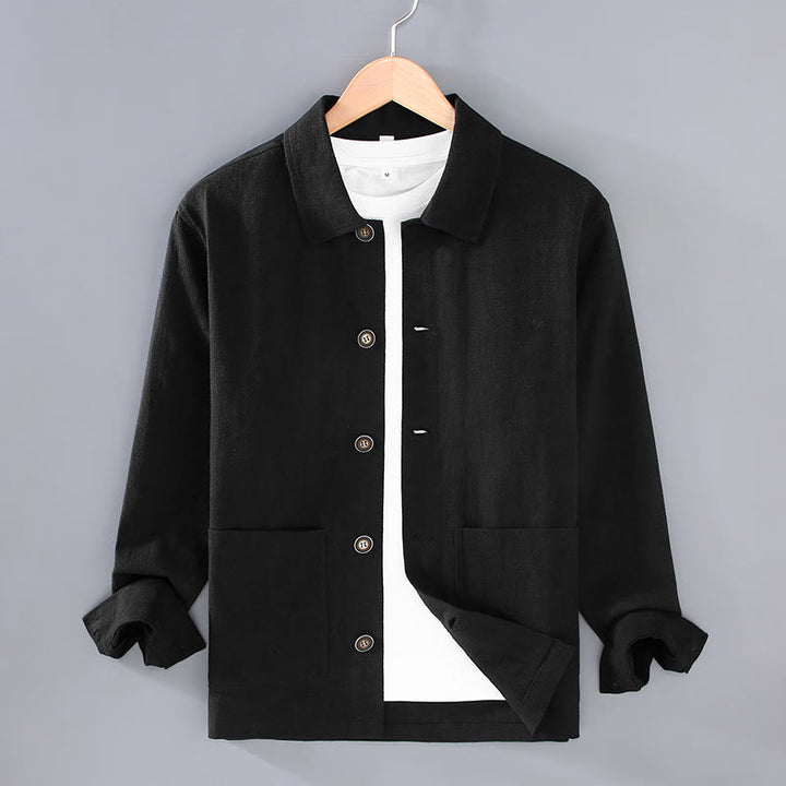 Buddha Stones Commute – Schlichte Herrenjacke aus Ramie-Leinen mit langen Ärmeln und Knopf-Revers-Design mit Taschen - Schwarz - US/ UK/AU42, EU52 (3XL) - image 11