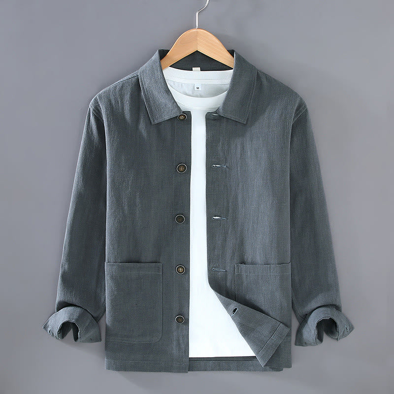 Buddha Stones Commute – Schlichte Herrenjacke aus Ramie-Leinen mit langen Ärmeln und Knopf-Revers-Design mit Taschen - Schiefergrau - US/ UK/AU42，EU52 (3XL) - image 4