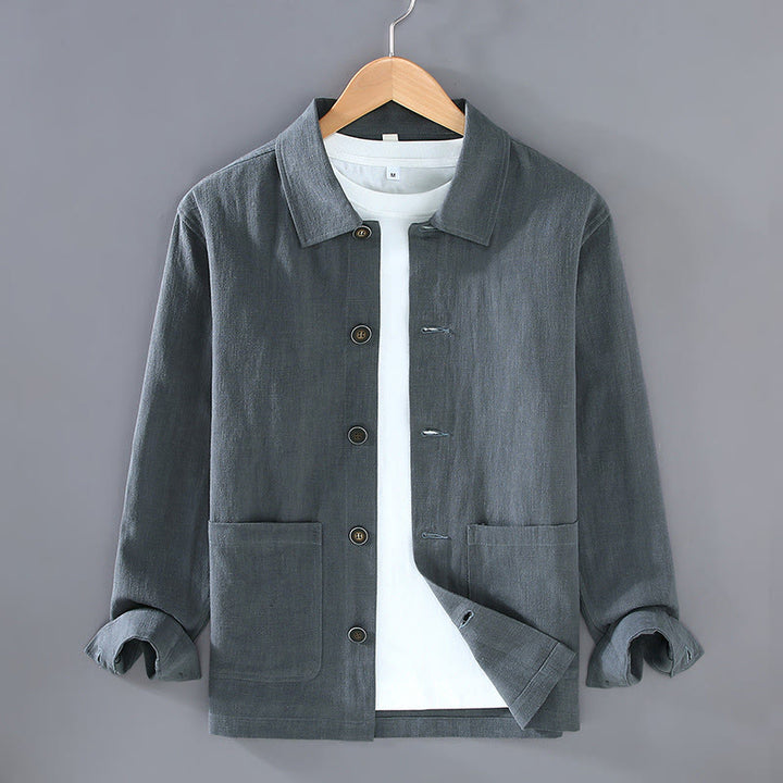 Buddha Stones Commute – Schlichte Herrenjacke aus Ramie-Leinen mit langen Ärmeln und Knopf-Revers-Design mit Taschen - Schiefergrau - US/ UK/AU42，EU52 (3XL) - image 4
