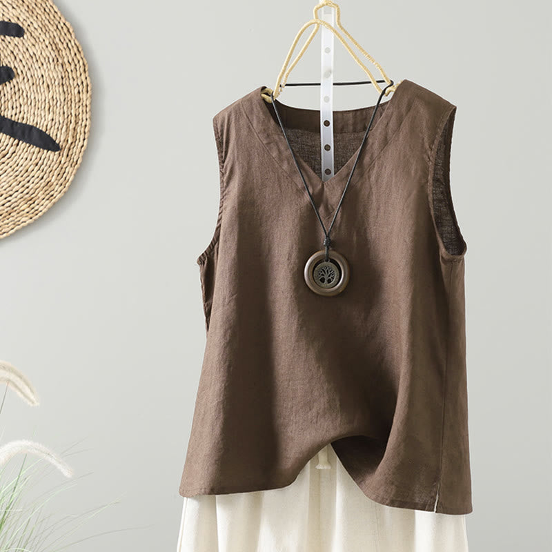 Buddha Stones Vintage Sommer Einfarbig V-Ausschnitt Damen Weste - Sattelbraun - US8-10， UK/AU12-14，EU40-42 (2XL) - image 1