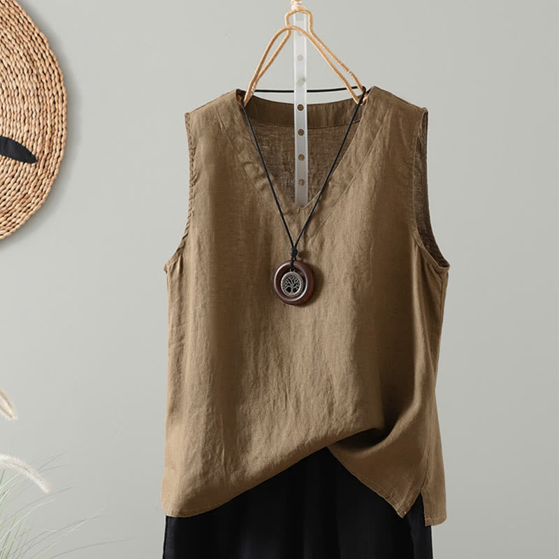 Buddha Stones Vintage Sommer Einfarbig V-Ausschnitt Damen Weste - Dunkelkhaki - US8-10, UK/AU12-14, EU40-42 (2XL) - image 6