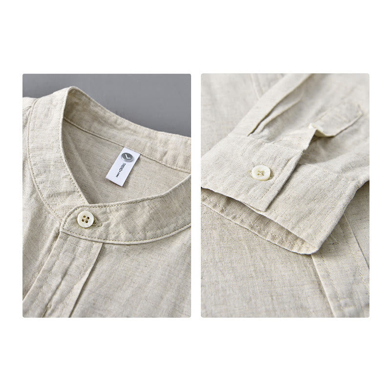 Buddha Stones Herren Langarm Stehkragen mit Tasche Reine Farbe Lässiges Baumwollleinenhemd - image 3