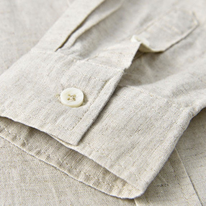 Buddha Stones Herren Langarm Stehkragen mit Tasche Reine Farbe Lässiges Baumwollleinenhemd - image 2