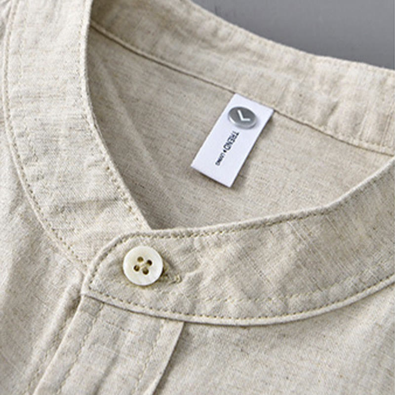 Buddha Stones Herren Langarm Stehkragen mit Tasche Reine Farbe Lässiges Baumwollleinenhemd - image 1