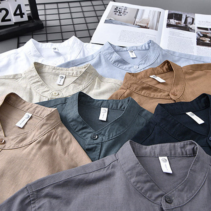 Buddha Stones Herren Langarm Stehkragen mit Tasche Reine Farbe Lässiges Baumwollleinenhemd - image 4