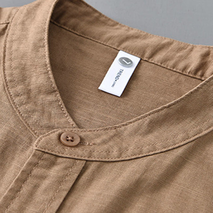 Buddha Stones Herren Langarm Stehkragen mit Tasche Reine Farbe Lässiges Baumwollleinenhemd - image 22