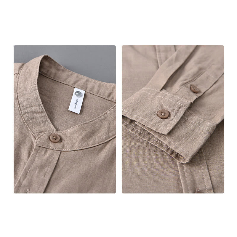 Buddha Stones Herren Langarm Stehkragen mit Tasche Reine Farbe Lässiges Baumwollleinenhemd - image 32