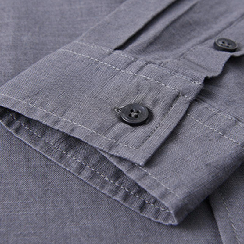 Buddha Stones Herren Langarm Stehkragen mit Tasche Reine Farbe Lässiges Baumwollleinenhemd - image 36