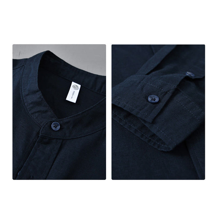 Buddha Stones Herren Langarm Stehkragen mit Tasche Reine Farbe Lässiges Baumwollleinenhemd - image 38