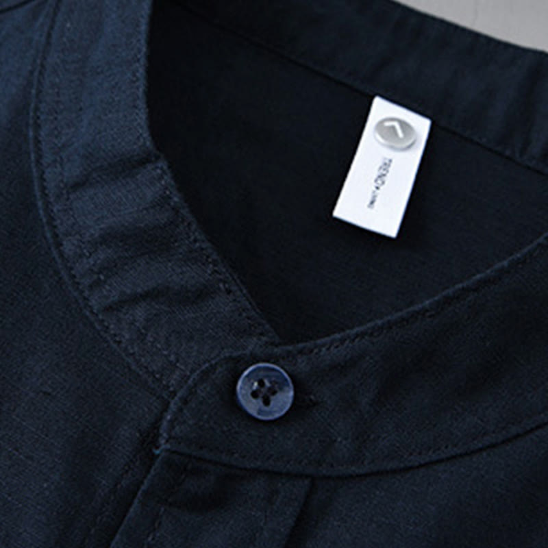 Buddha Stones Herren Langarm Stehkragen mit Tasche Reine Farbe Lässiges Baumwollleinenhemd - image 39