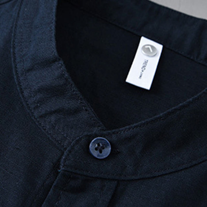 Buddha Stones Herren Langarm Stehkragen mit Tasche Reine Farbe Lässiges Baumwollleinenhemd - image 39