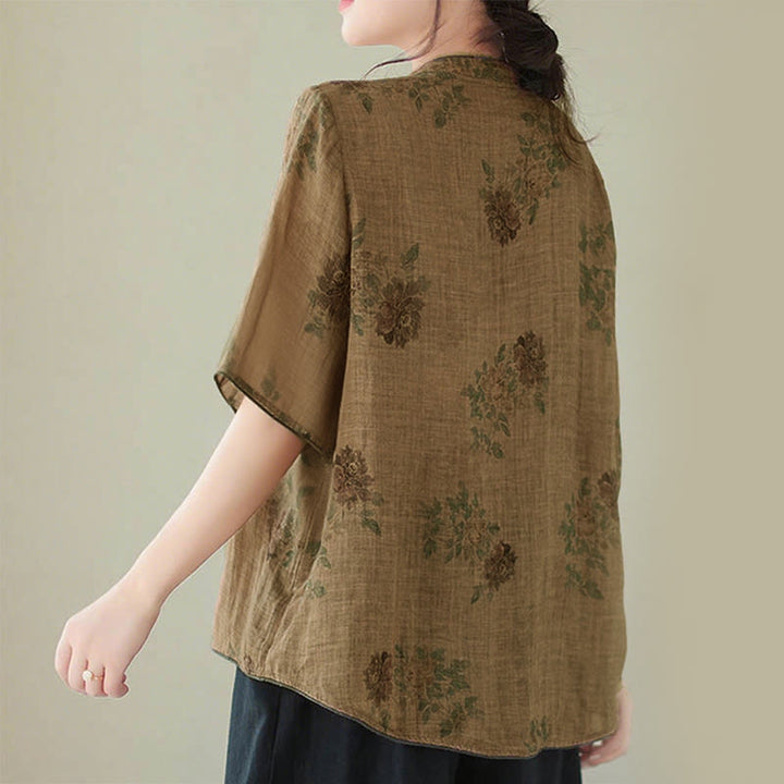 Buddha Stones Lila Blumendruck Frosch-Knopf-Design Shirt - image 3