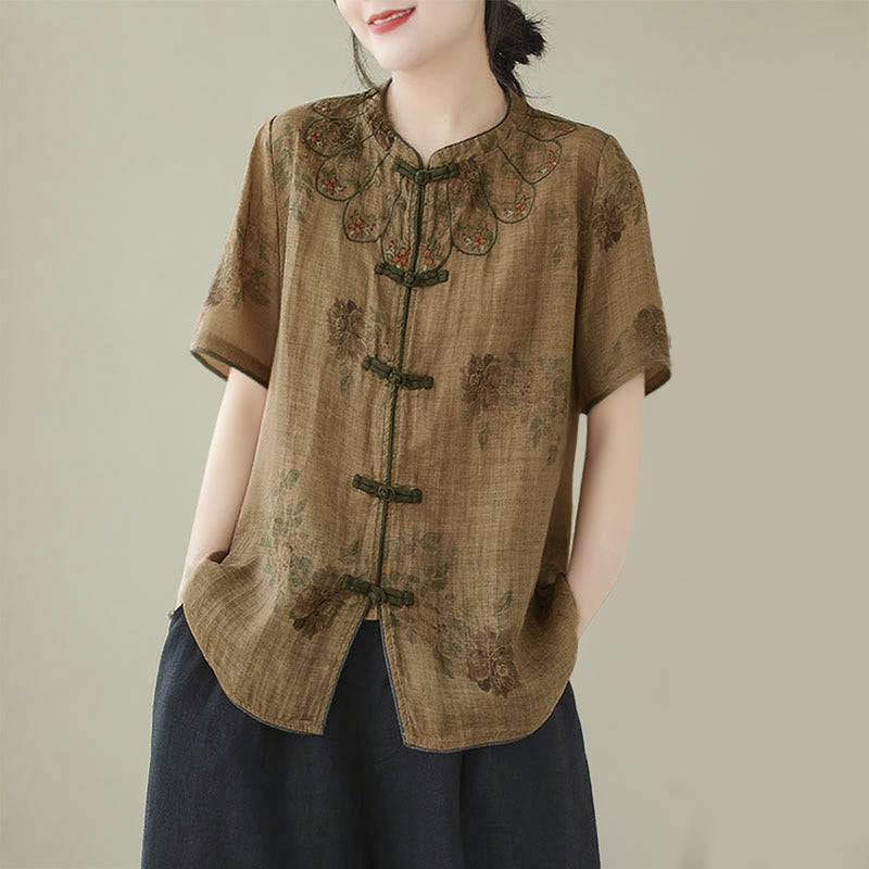Buddha Stones Lila Blumendruck Frosch-Knopf-Design Shirt - image 1