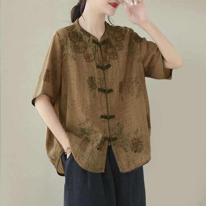Buddha Stones Lila Blumendruck Frosch-Knopf-Design Shirt - image 2