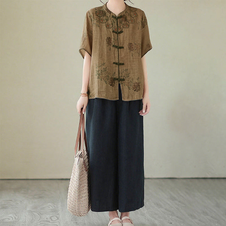 Buddha Stones Lila Blumendruck Frosch-Knopf-Design Shirt - image 10