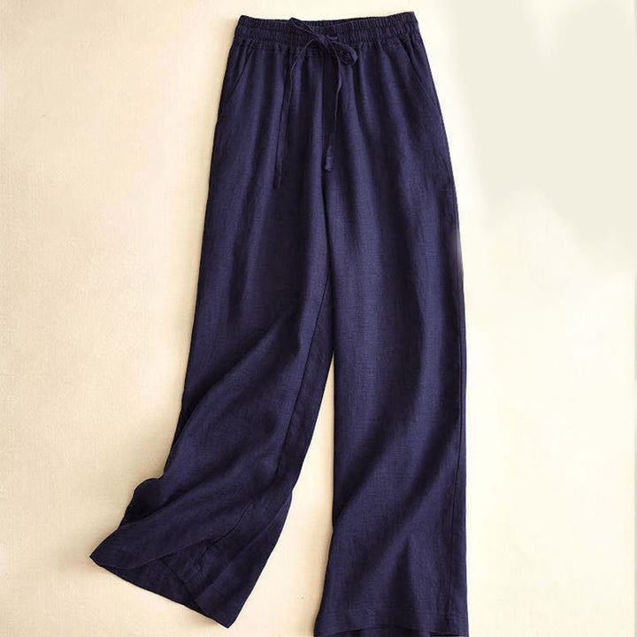 Buddha Stones – Lässige Hose aus Baumwollleinen mit hoher Taille, Schnürung und weitem Bein und Taschen - Stahlblau - US12， UK/AU16，EU44 (3XL) - image 22