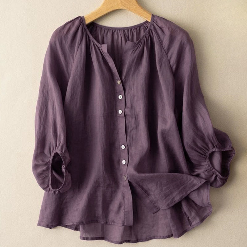 Buddha Stones Vintage Button Three Quarter Puff Sleeve V-Neck Damenhemd - Dunkelmagenta - US14, UK/AU18, EU46 (4XL) - image 7