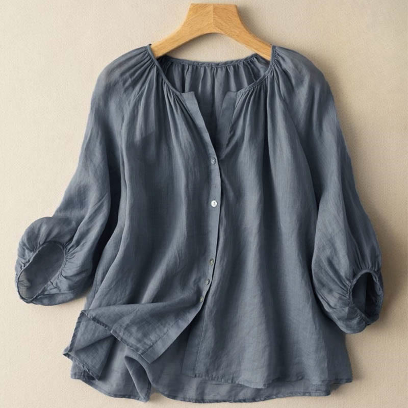 Buddha Stones Vintage Button Three Quarter Puff Sleeve V-Neck Damenhemd - SteelBlue - US14, UK/AU18, EU46 (4XL) - image 0