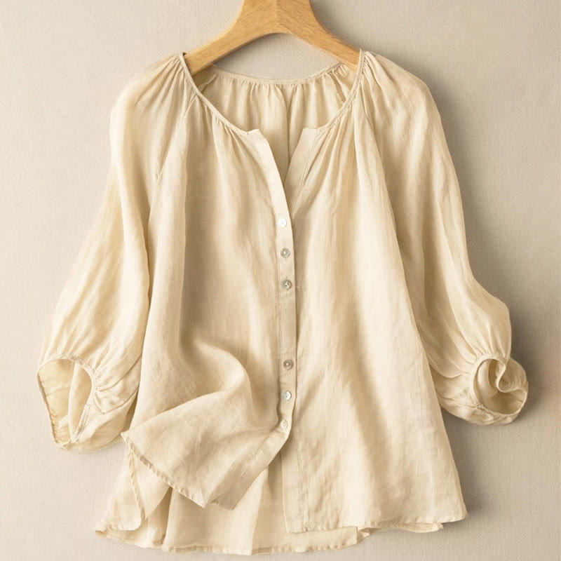 Buddha Stones Vintage Button Dreiviertel Puffärmel V-Ausschnitt Baumwolle Damen Shirt - image 14