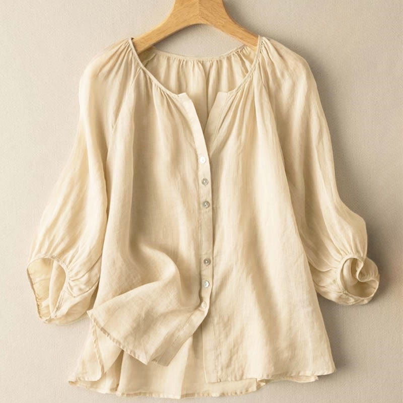 Buddha Stones Vintage Button Three Quarter Puff Sleeve V-Neck Damenhemd - Blassgoldenrode - US14, UK/AU18, EU46 (4XL) - image 9