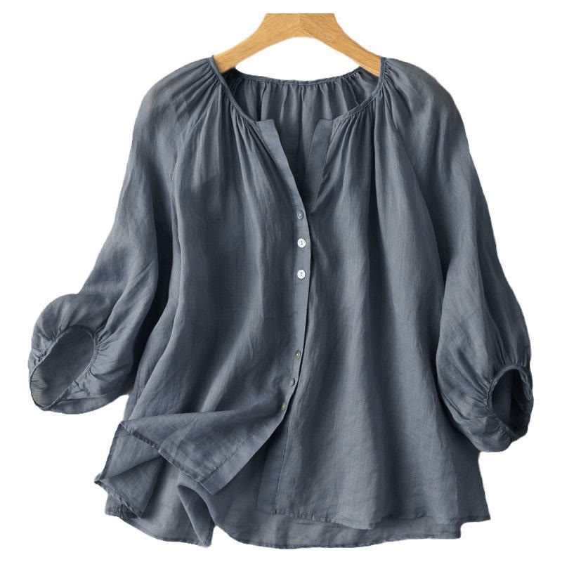 Buddha Stones Vintage Button Dreiviertel Puffärmel V-Ausschnitt Baumwolle Damen Shirt - image 3