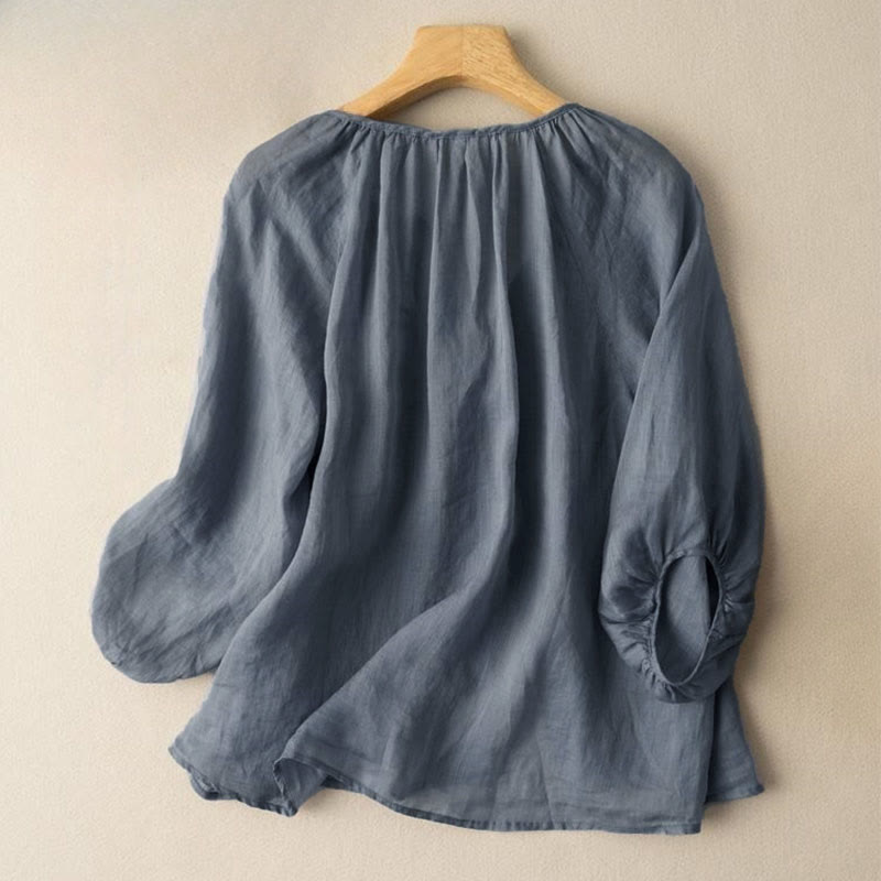 Buddha Stones Vintage Button Dreiviertel Puffärmel V-Ausschnitt Baumwolle Damen Shirt - image 2