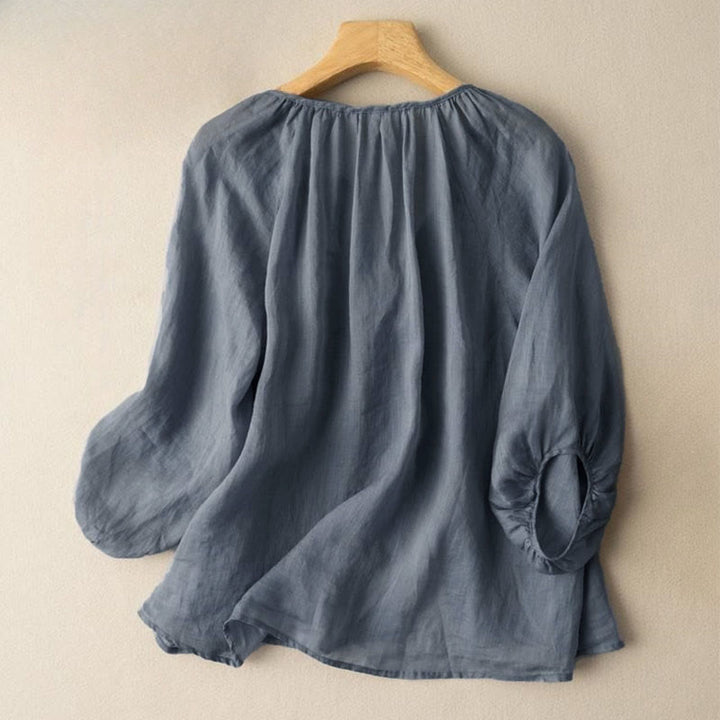 Buddha Stones Vintage Button Dreiviertel Puffärmel V-Ausschnitt Baumwolle Damen Shirt - image 2