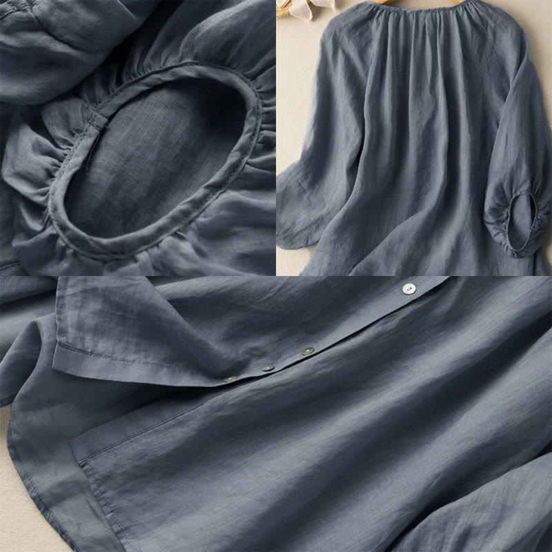 Buddha Stones Vintage Button Dreiviertel Puffärmel V-Ausschnitt Baumwolle Damen Shirt - image 5