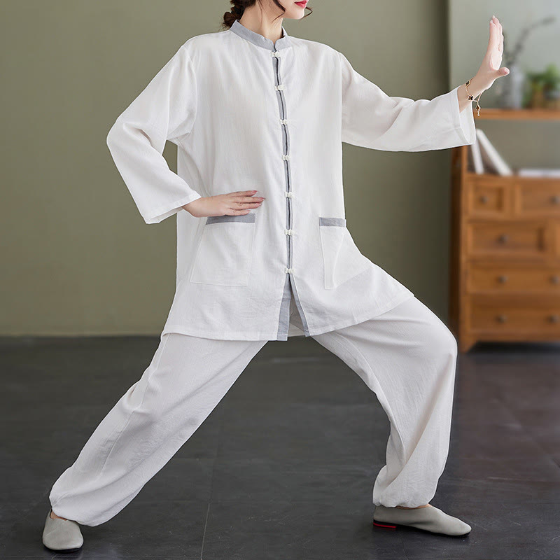 Buddha Stones 2-teiliges Tai-Chi-Shirt aus Baumwolle, Oberteil und Hose, Meditations-Zen-Kleidung für Damen - Weiß - US8-10， UK/AU12-14，EU40-42 (2XL) - image 7