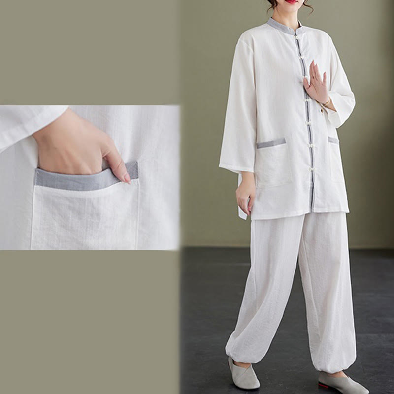 Buddha Stones 2-teiliges Tai-Chi-Shirt aus Baumwolle, Oberteil und Hose, Meditations-Zen-Kleidung für Damen - image 12