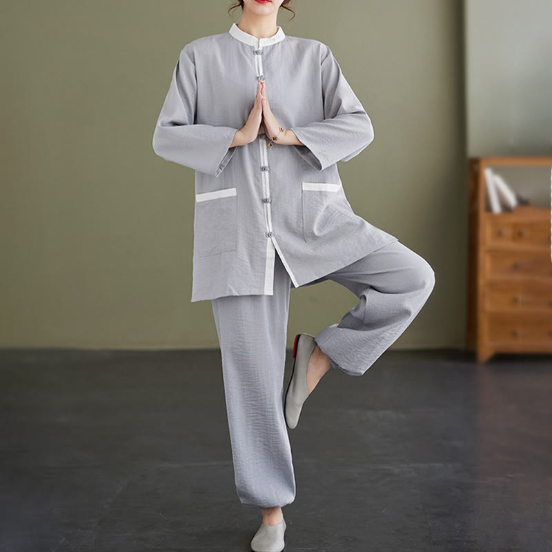 Buddha Stones 2-teiliges Tai-Chi-Shirt aus Baumwolle, Oberteil und Hose, Meditations-Zen-Kleidung für Damen - Hellstahlblau - US8-10， UK/AU12-14，EU40-42 (2XL) - image 1