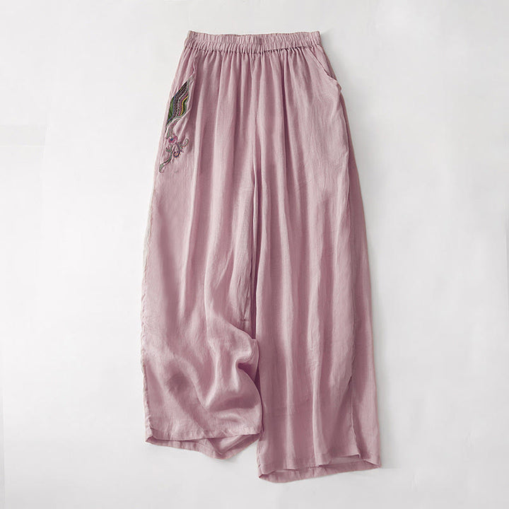 Buddha Stones Lässige Damenhose mit Blumenstickerei, Baumwolle und Leinen, elastischer Bund, weites Bein, mit Taschen - BlassViolettRot - US8-10， UK/AU12-14，EU40-42 (2XL) - image 8