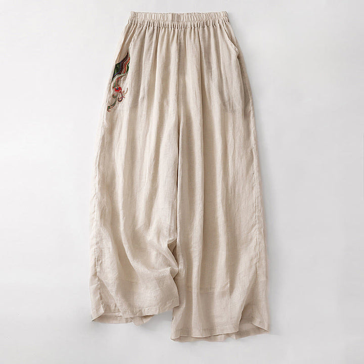 Buddha Stones Lässige Damenhose mit Blumenstickerei, Baumwolle und Leinen, elastischer Bund, weites Bein, mit Taschen - AntikWeiß - US8-10， UK/AU12-14，EU40-42 (2XL) - image 18