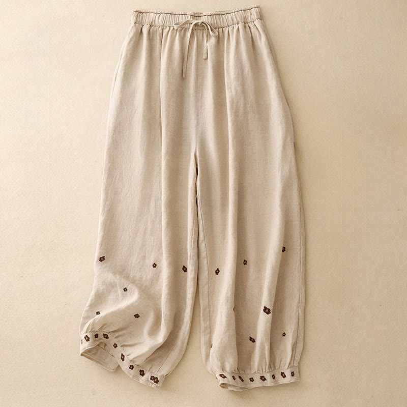 Buddha Stones Lässige Haremshose aus Baumwollleinen mit bestickten Blütenblättern für Damen, Länge 7–8, mit Taschen - Weizen - US12, UK/AU16, EU44 (2XL) - image 0