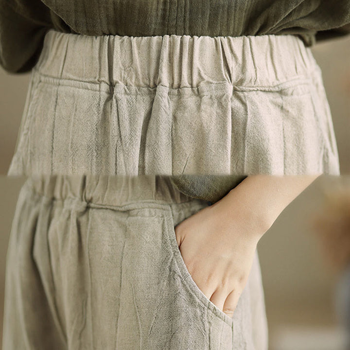 Buddha Stones Lässige, schlichte Haremshose aus Baumwollleinen mit Taschen für Damen - image 6