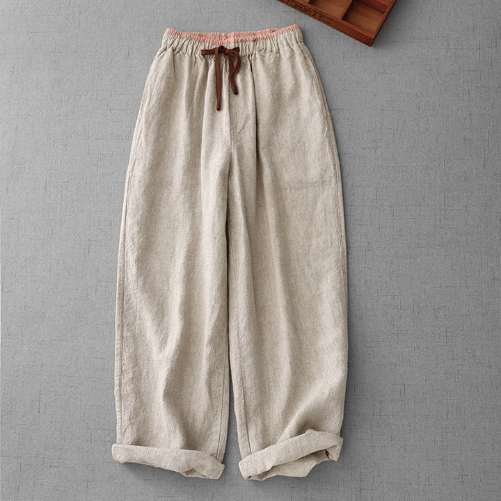 Buddha Stones Lässige, tägliche Kordelzughose aus schlichtem Baumwollleinen mit Taschen für Damen - Beige - US8-10， UK/AU12-14，EU40-42 (2XL) - image 1