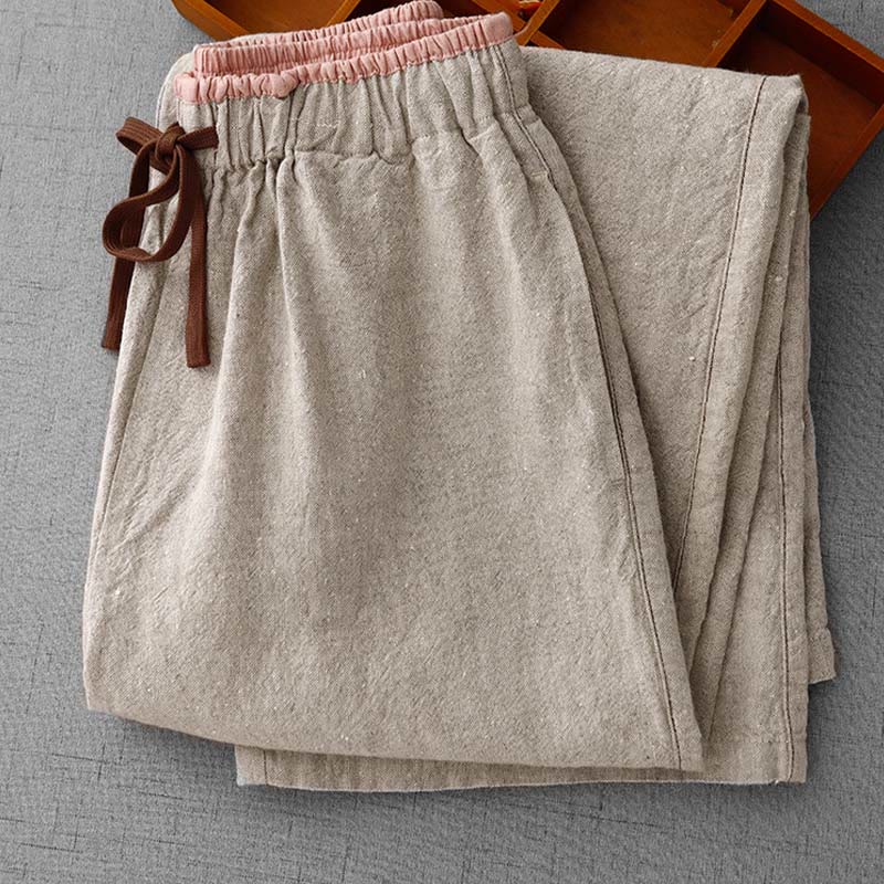 Buddha Stones Lässige, tägliche Kordelzughose aus schlichtem Baumwollleinen mit Taschen für Damen - image 5